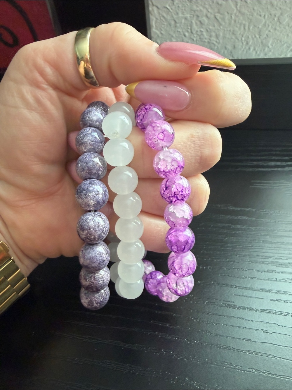 Beaded Stretch Bracelet Trio - Purple, White, Lavender